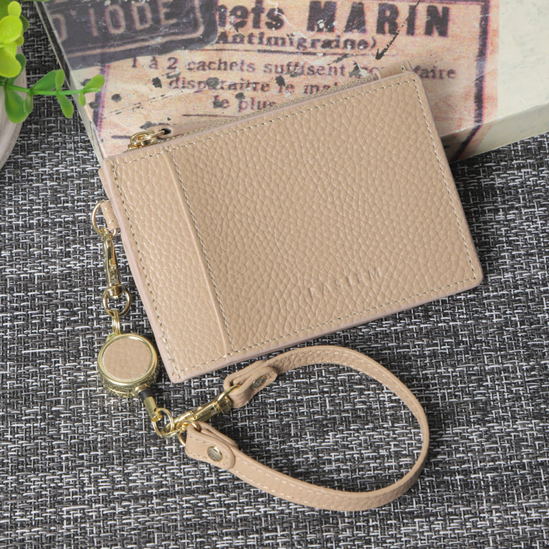 本革小銭入れ付きリールストラップ二つ折りパスケース