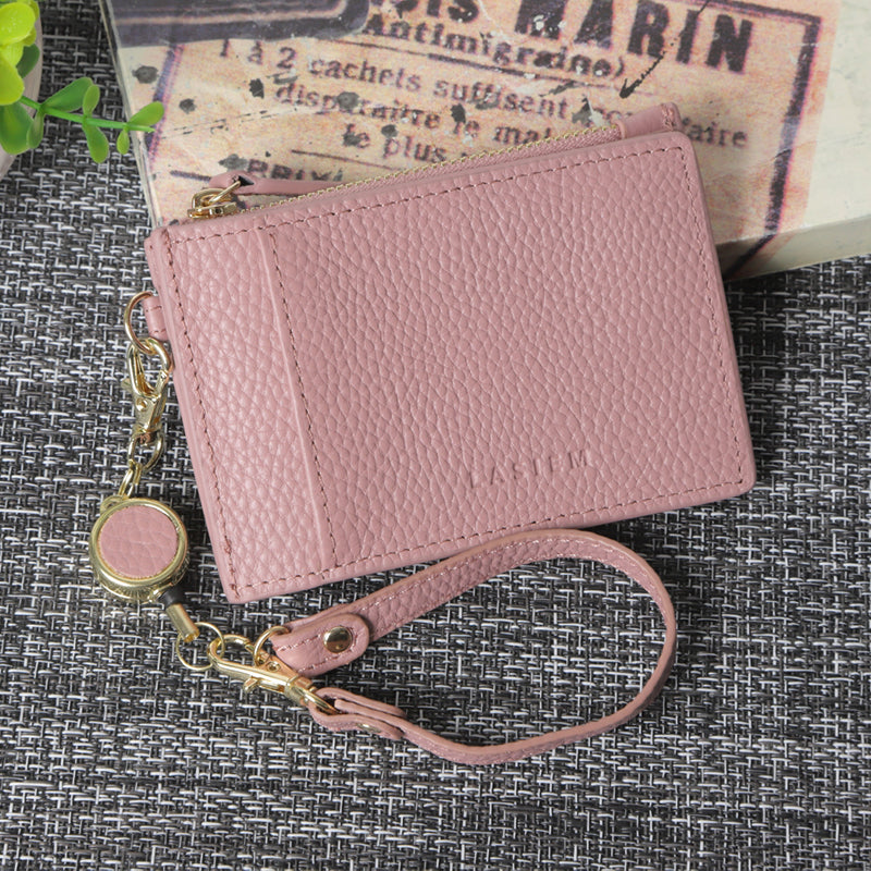 本革小銭入れ付きリールストラップ二つ折りパスケース