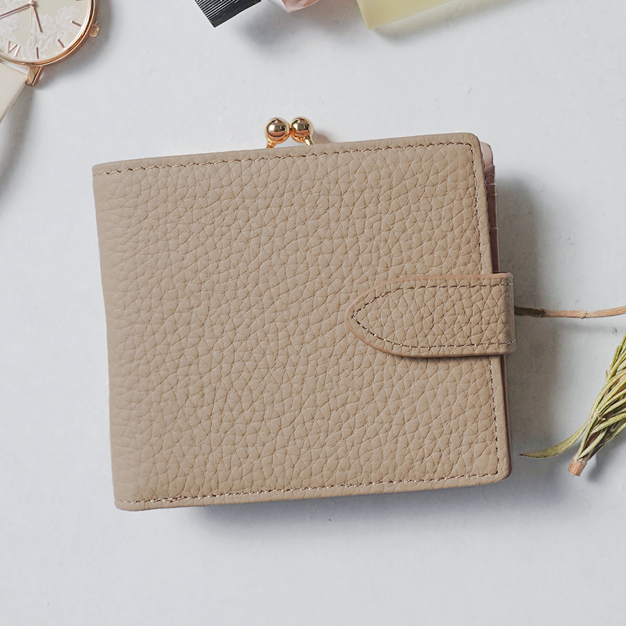 本革バイカラーがま口二つ折り時短式ミニ財布