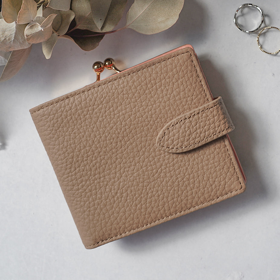 本革バイカラーがま口二つ折り時短式ミニ財布