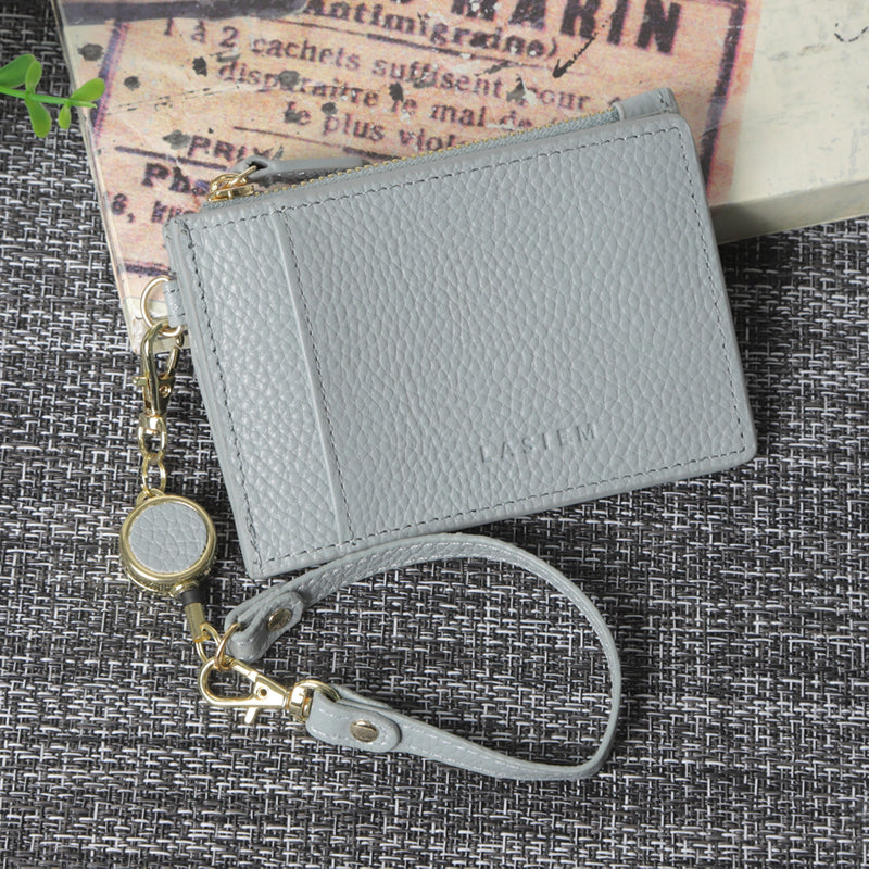 本革小銭入れ付きリールストラップ二つ折りパスケース