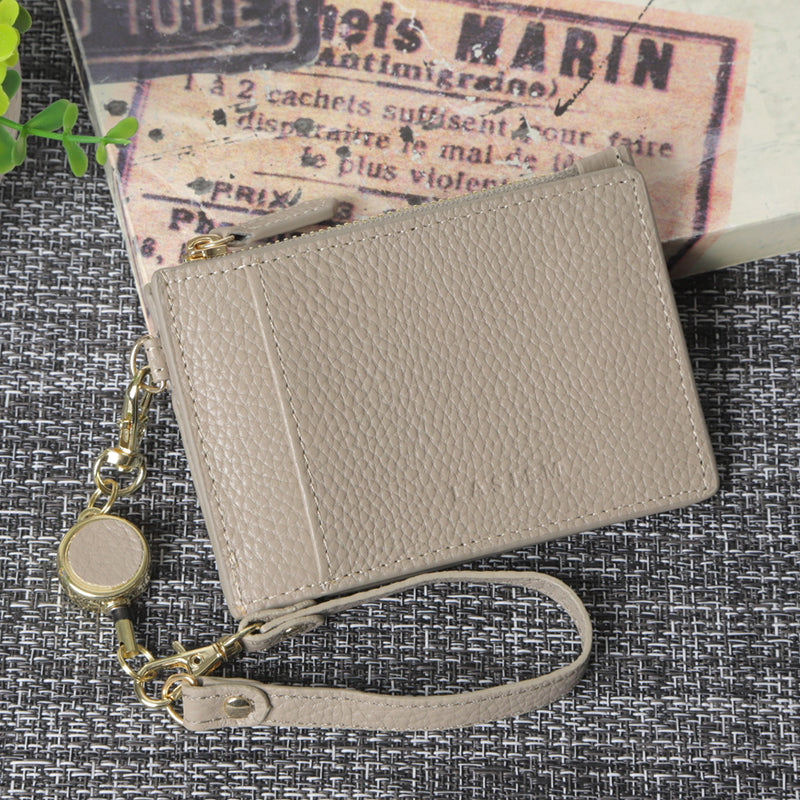 本革小銭入れ付きリールストラップ二つ折りパスケース